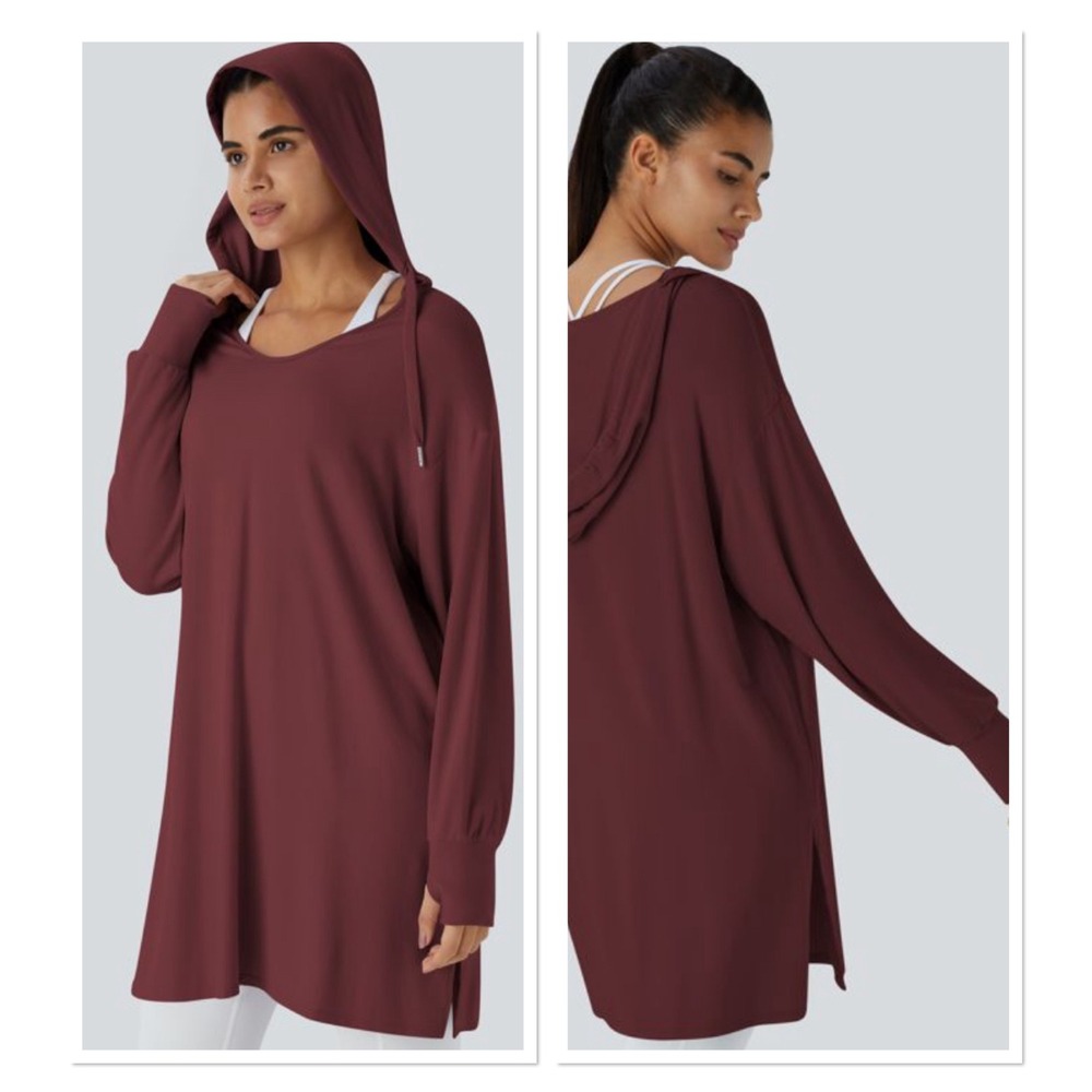 Halara Maroon Hooded Tunic Top Oversized Thumbhole Long Sleeve Lounge Gym XL